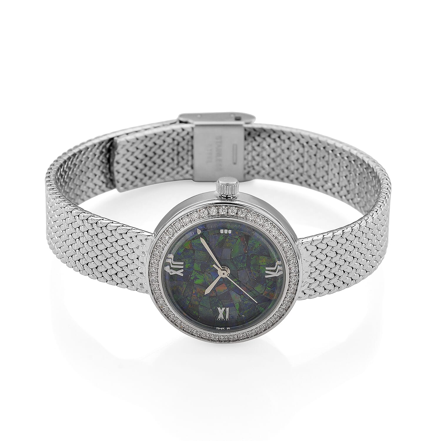 Classic Succession Simulated Diamond Swiss Movement Opal Dial Watch in Platinum Over Copper 1.20 ctw