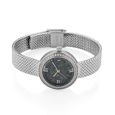 Classic Succession Simulated Diamond Swiss Movement Opal Dial Watch in Platinum Over Copper 1.20 ctw