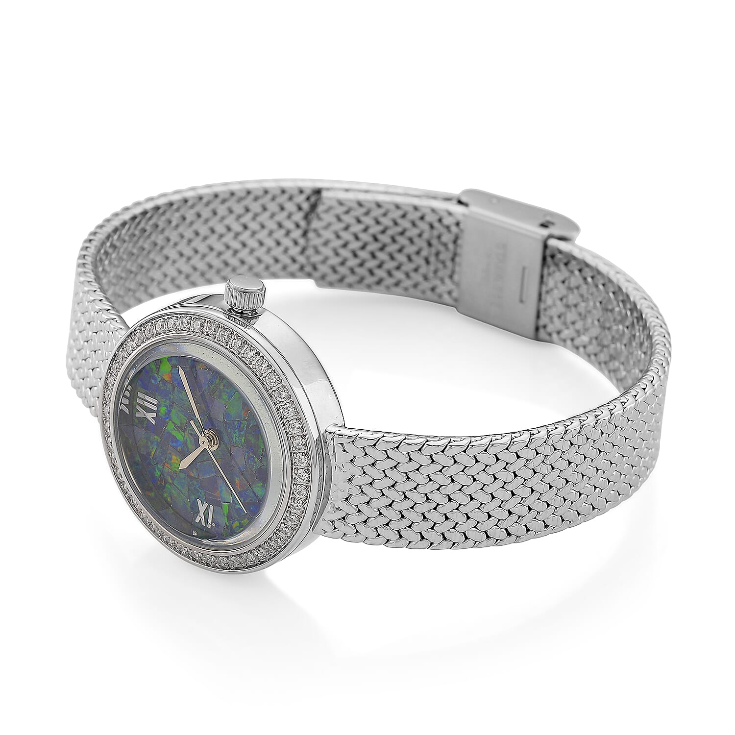 Classic Succession Simulated Diamond Swiss Movement Opal Dial Watch in Platinum Over Copper 1.20 ctw
