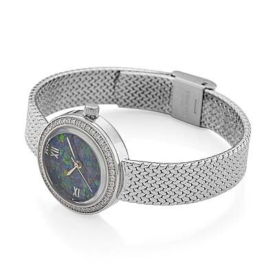 Classic Succession Simulated Diamond Swiss Movement Opal Dial Watch in Platinum Over Copper 1.20 ctw