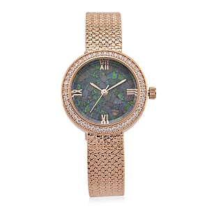 Classic Succession Simulated Diamond Swiss Movement Opal Dial Watch in 14K RG Over Copper 1.20 ctw