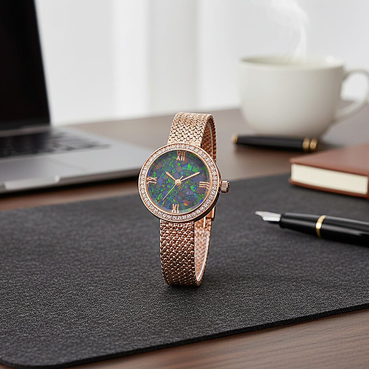 Classic Succession Simulated Diamond Swiss Movement Opal Dial Watch in 14K RG Over Copper 1.20 ctw image number 1