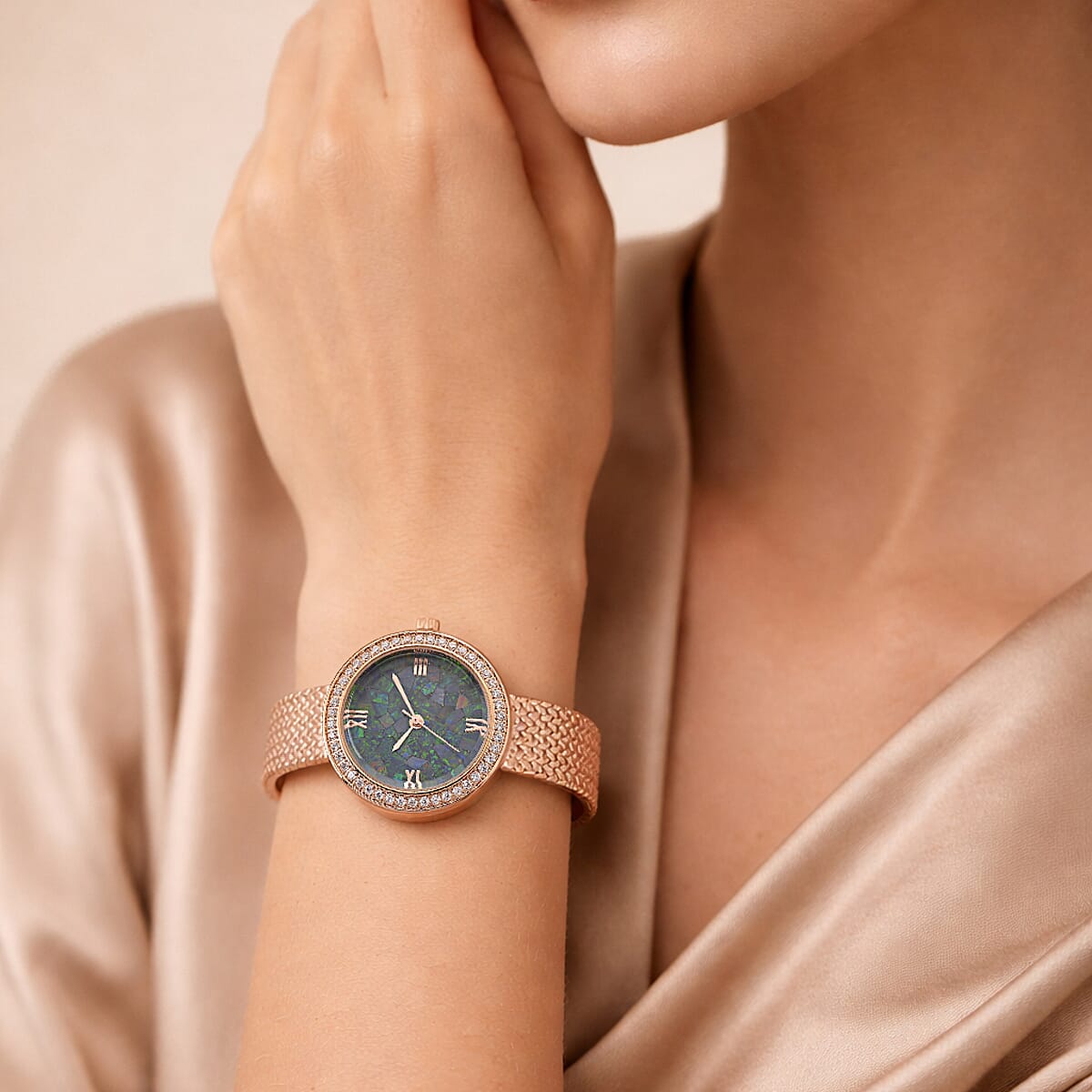 Classic Succession Simulated Diamond Swiss Movement Opal Dial Watch in 14K RG Over Copper 1.20 ctw image number 2