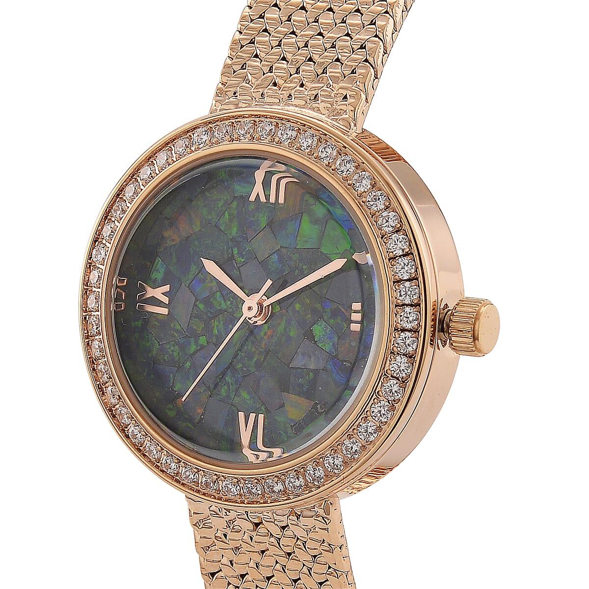 Classic Succession Simulated Diamond Swiss Movement Opal Dial Watch in 14K RG Over Copper 1.20 ctw image number 3