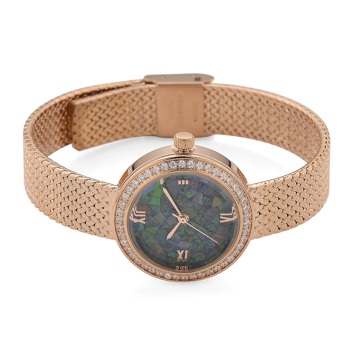 Classic Succession Simulated Diamond Swiss Movement Opal Dial Watch in 14K RG Over Copper 1.20 ctw image number 4