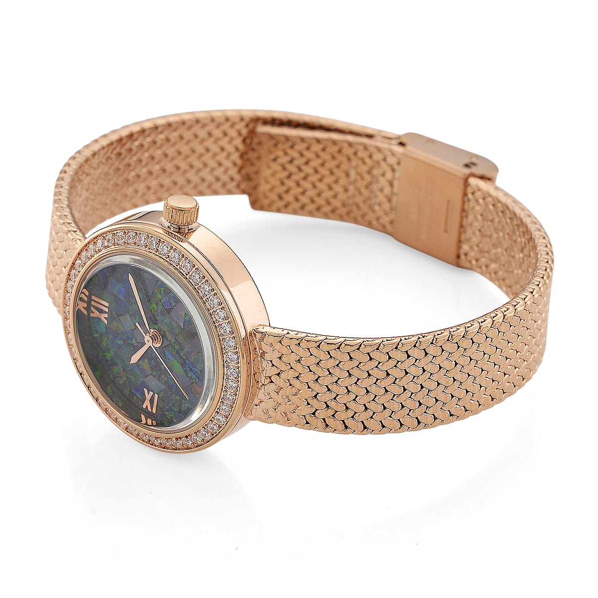 Classic Succession Simulated Diamond Swiss Movement Opal Dial Watch in 14K RG Over Copper 1.20 ctw image number 5