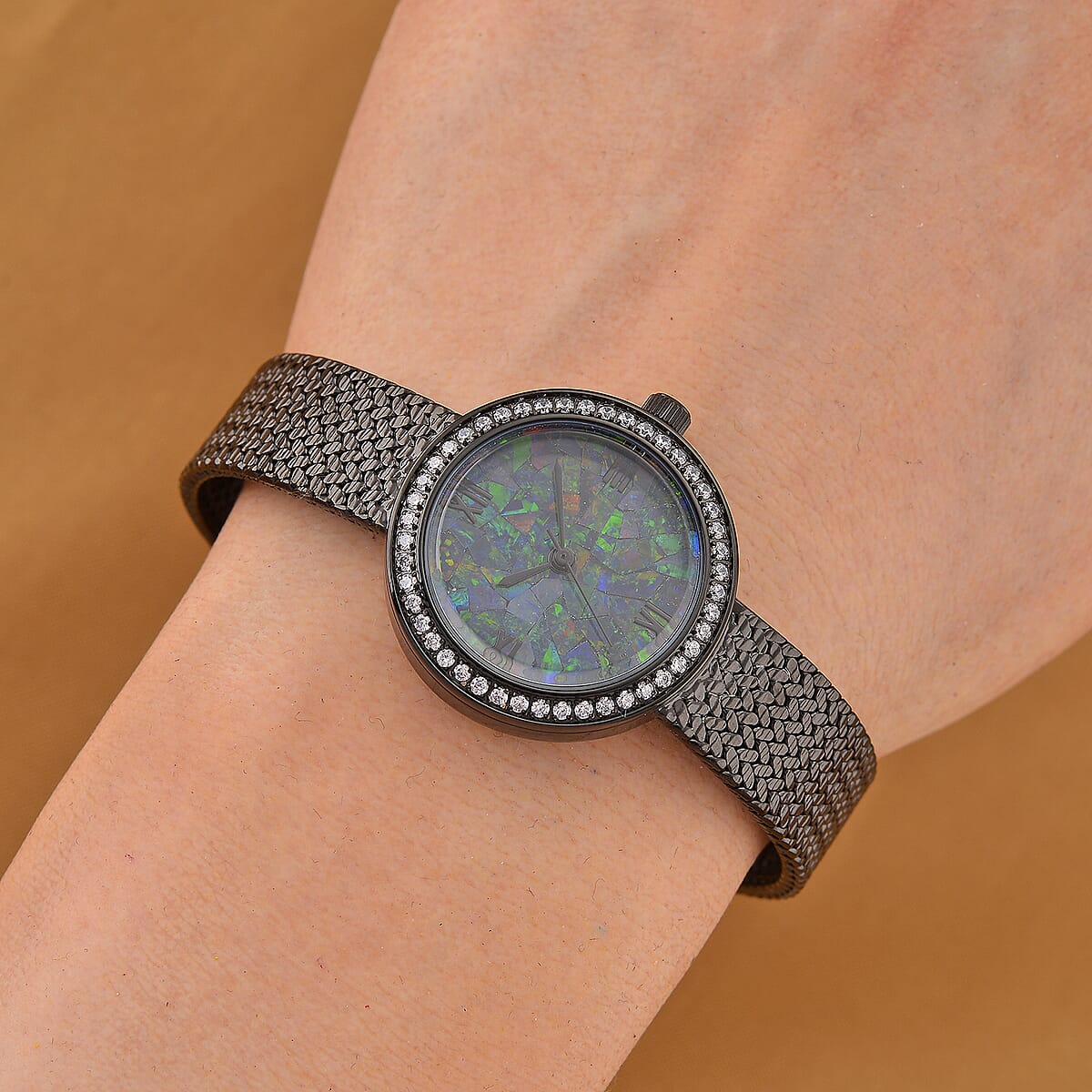 Classic Succession Simulated Diamond Swiss Movement Opal Dial Watch in ION Plated Black Copper 1.20 ctw image number 1