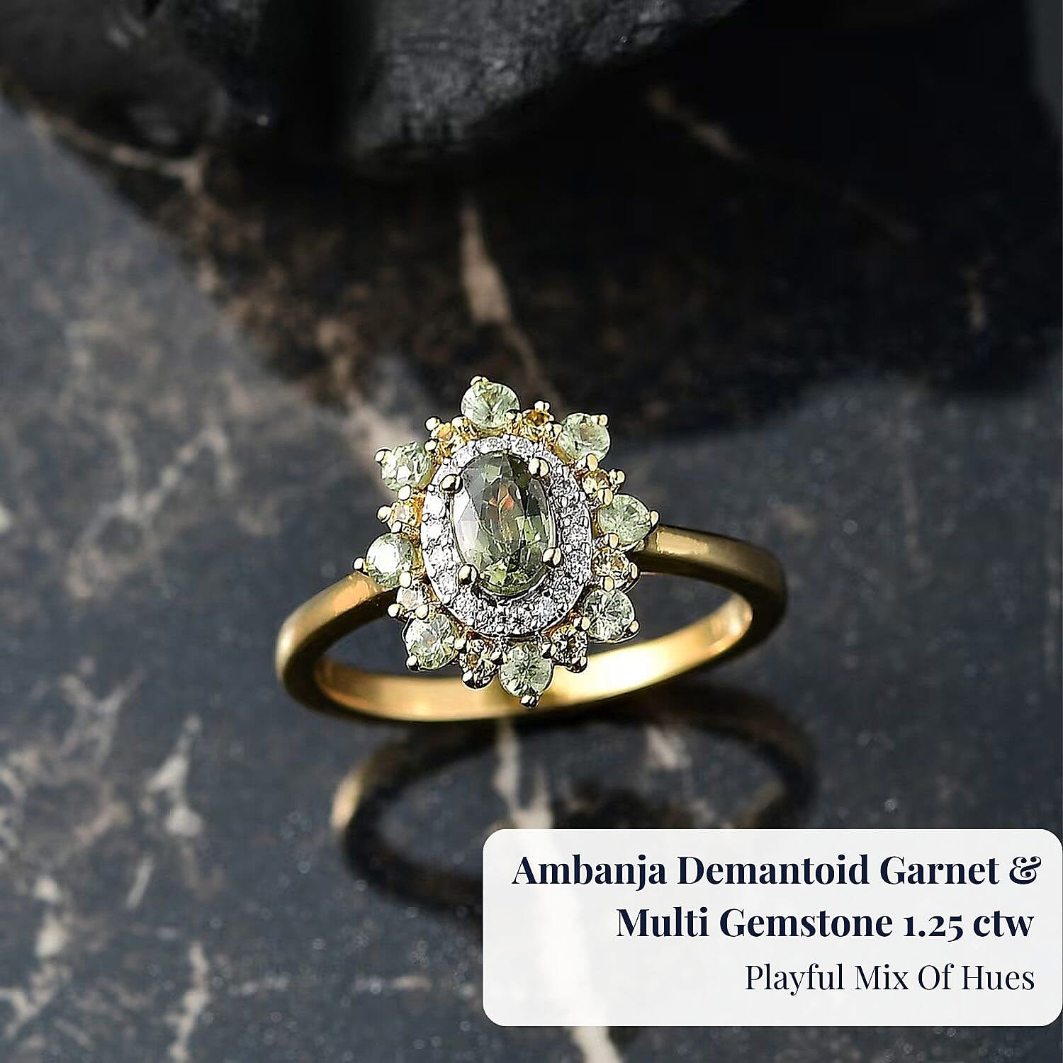 D'Joy Ambanja Demantoid Garnet, Multi Gemstone Ring in 18K Vermeil YG Over Sterling Silver 1.25 ctw (Size 10.0)
