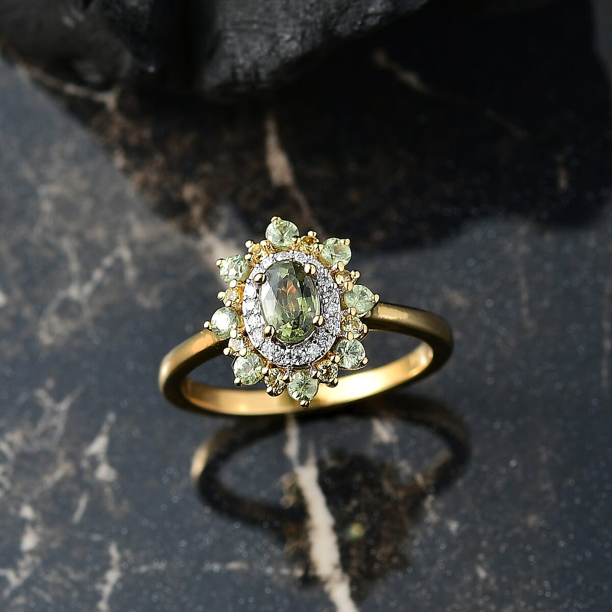 D'Joy Ambanja Demantoid Garnet and Multi Gemstone 1.25 ctw Sunleaf Bloom Ring in 18K Vermeil Yellow Gold Over Sterling Silver (Size 7.0) image number 1