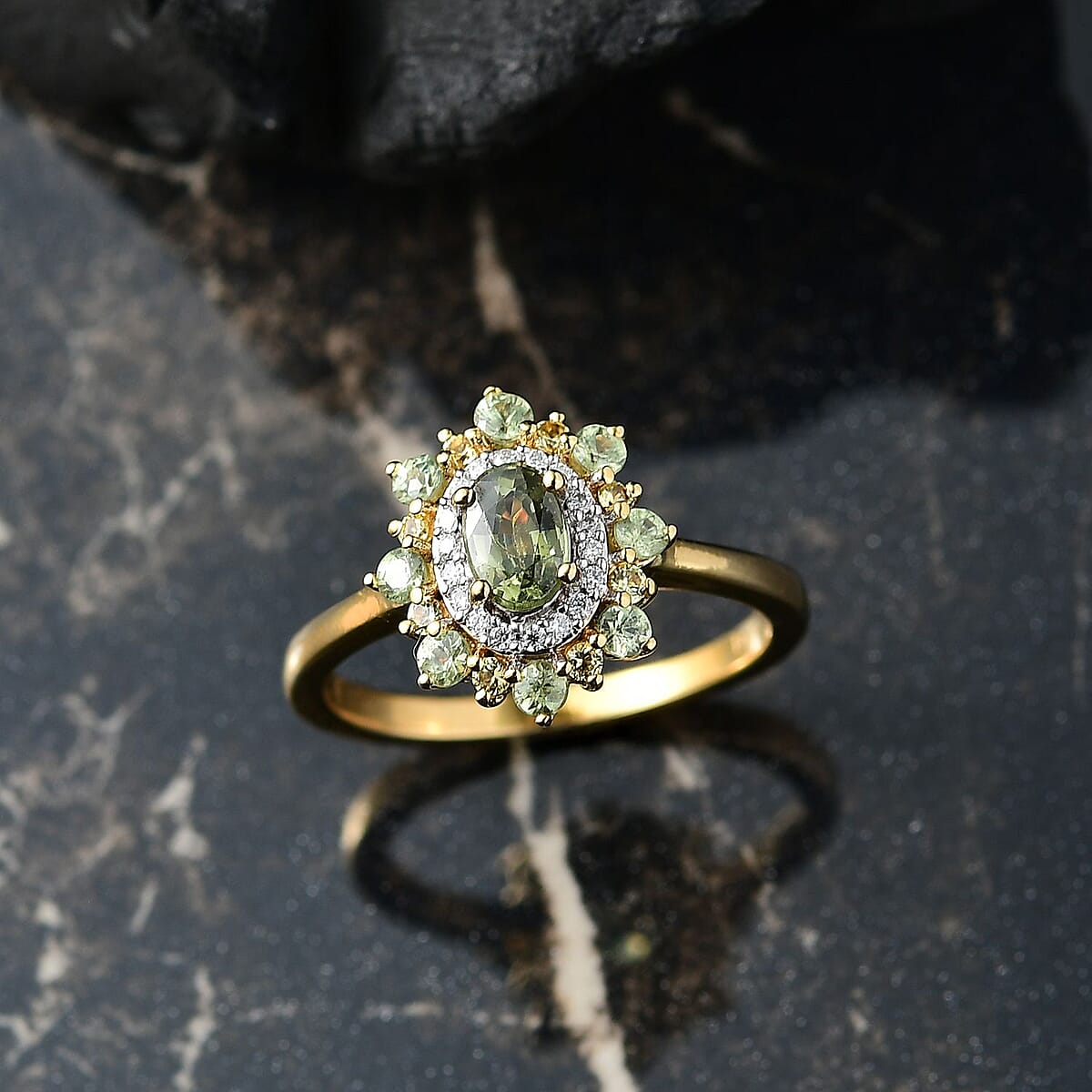 D'Joy Ambanja Demantoid Garnet and Multi Gemstone 1.25 ctw Sunleaf Bloom Ring in 18K Vermeil Yellow Gold Over Sterling Silver (Size 8.0) image number 1