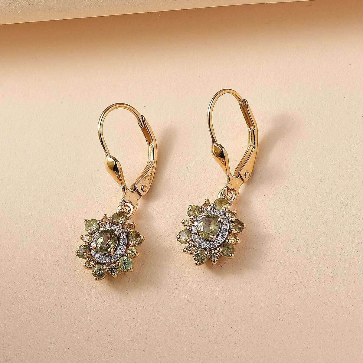 D'Joy Ambanja Demantoid Garnet and Multi Gemstone 1.50 ctw Sunleaf Bloom Lever Back Earrings in 18K Vermeil Yellow Gold Over Sterling Silver image number 1