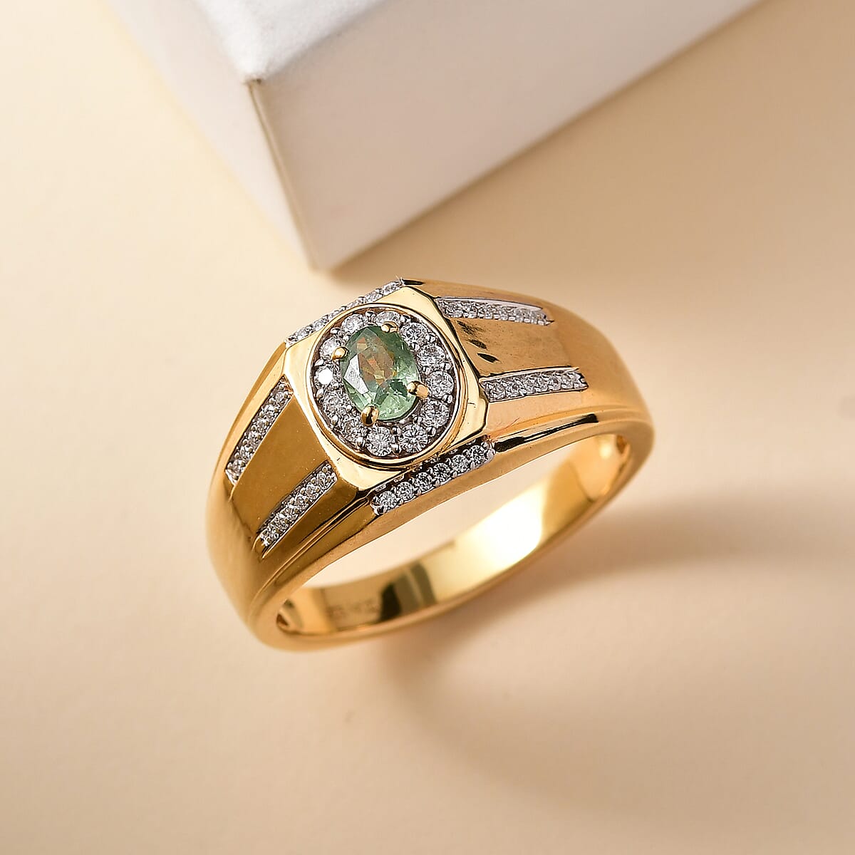 D'Joy Ambanja Demantoid Garnet and Moissanite 1.00 ctw Mens Ring in 18K Vermeil Yellow Gold Over Sterling Silver (Size 11.0) image number 1