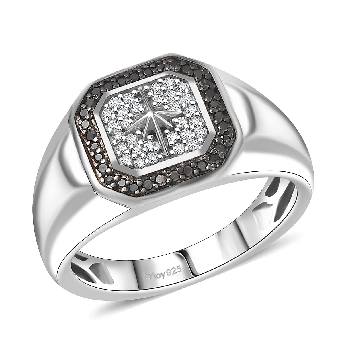 D’Joy White and Black Diamond 0.33 ctw Starburst Men's Ring in Rhodium Over Sterling Silver (Size 11.0) image number 0