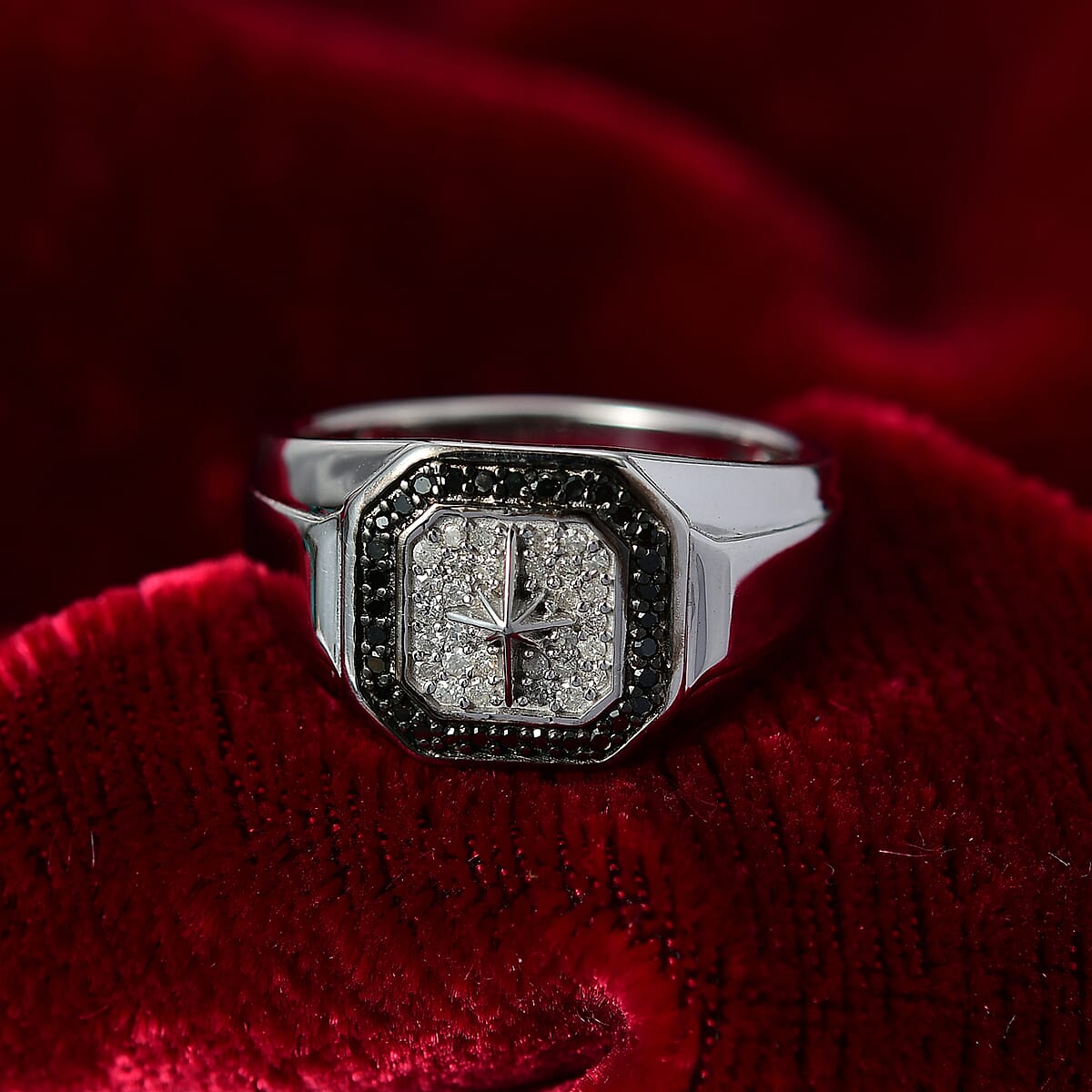 D’Joy White and Black Diamond 0.33 ctw Starburst Men's Ring in Rhodium Over Sterling Silver (Size 11.0) image number 1