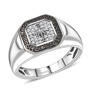 D&rsquo;Joy White and Black Diamond 0.33 ctw Starburst Men's Ring in Rhodium Over Sterling Silver (Size 13.0)