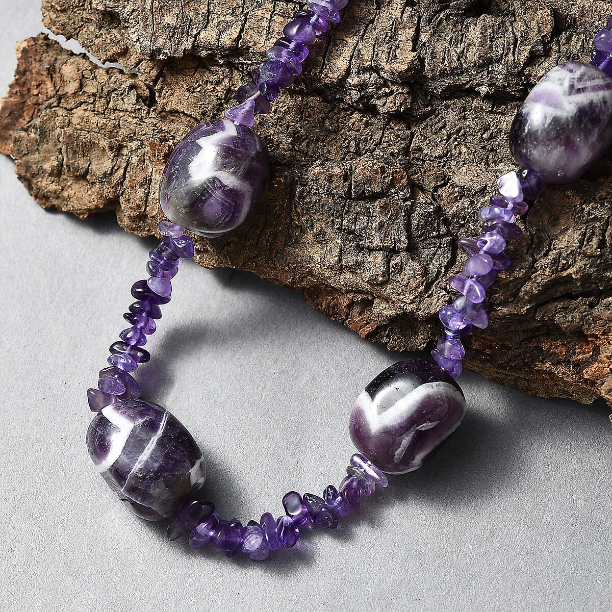 African Amethyst 325.00 ctw Tumble and Chips Necklace in Stainless Steel 24 Inches image number 1