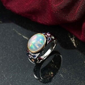 Ethiopian Welo Opal and Multi Sapphire 3.19 ctw Ring in Rhodium Over Sterling Silver (Size 8)