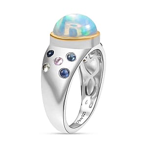Ethiopian Welo Opal and Multi Sapphire 3.19 ctw Ring in Rhodium Over Sterling Silver (Size 8)