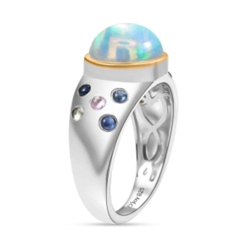 Ethiopian Welo Opal and Multi Sapphire 3.19 ctw Ring in Rhodium Over Sterling Silver (Size 8)