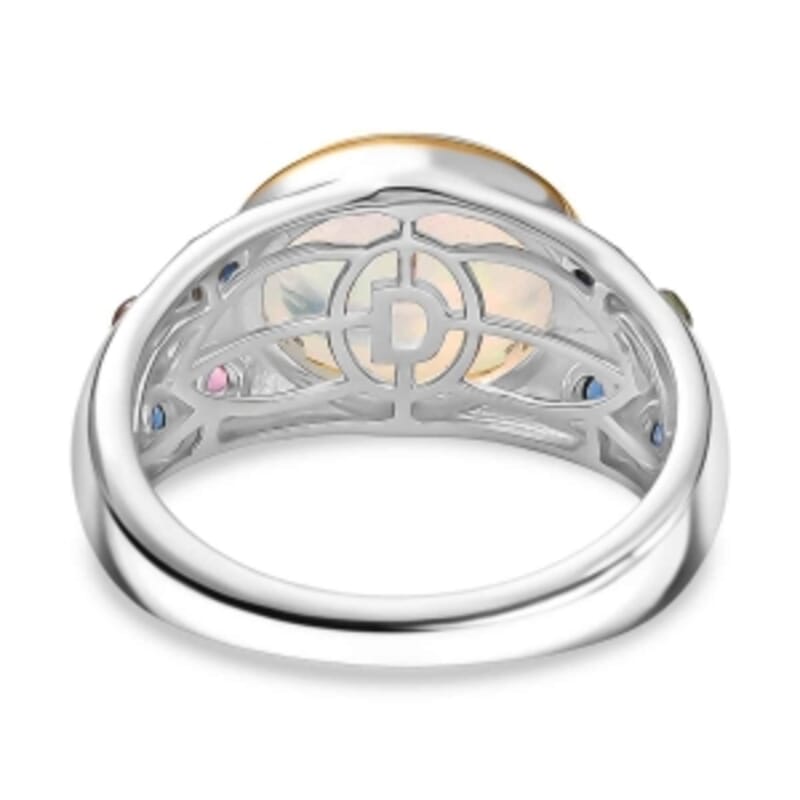 Ethiopian Welo Opal and Multi Sapphire 3.19 ctw Ring in Rhodium Over Sterling Silver (Size 8)