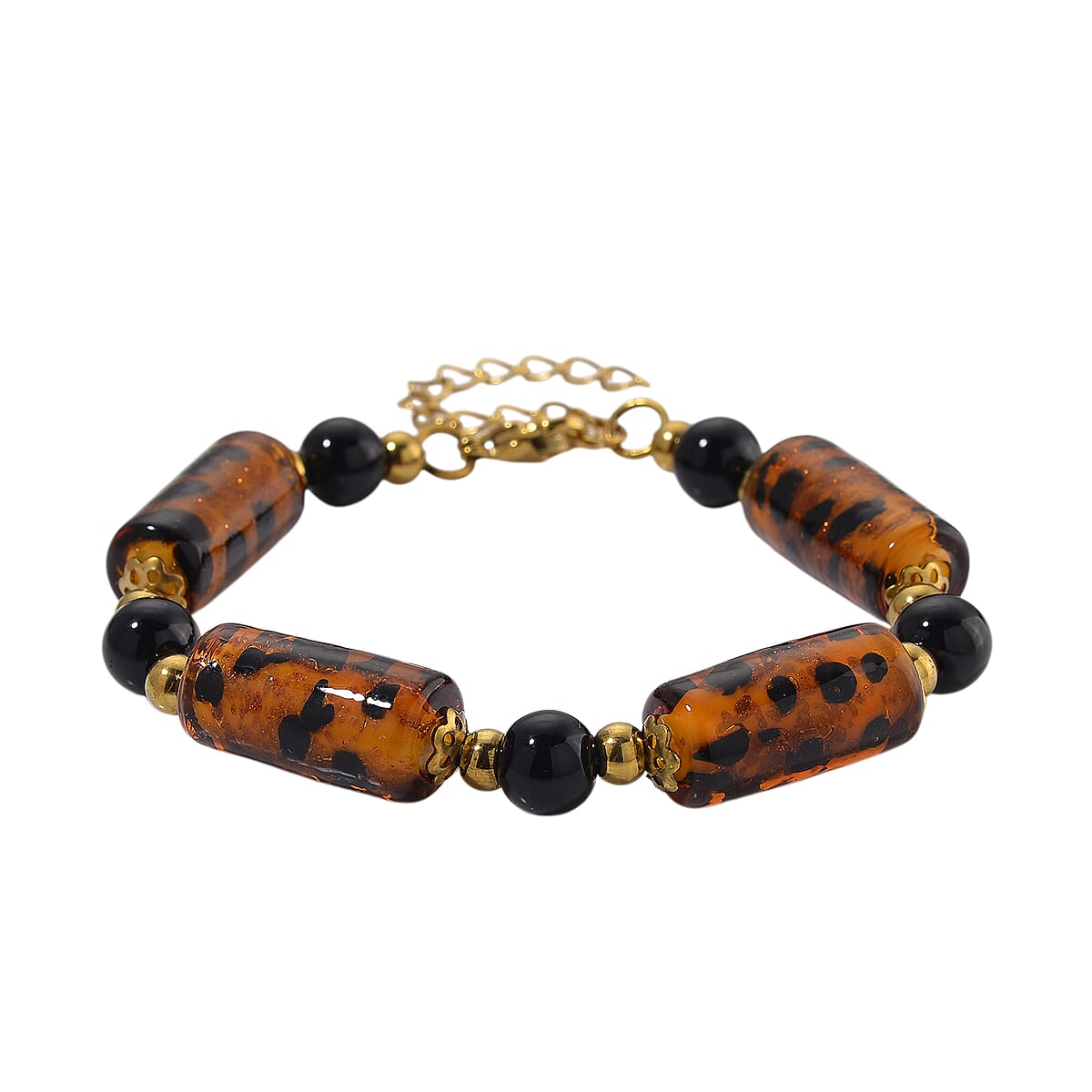 Brown Color Murano Style and Black Glass Bracelet in ION Plated YG Stainless Steel (7.5-9.5In) image number 0