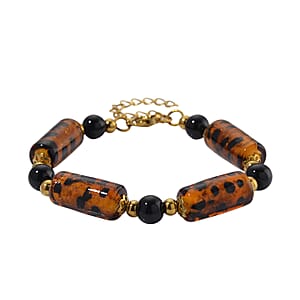 Brown Color Murano Style and Black Glass Bracelet in ION Plated YG Stainless Steel (7.5-9.5In)