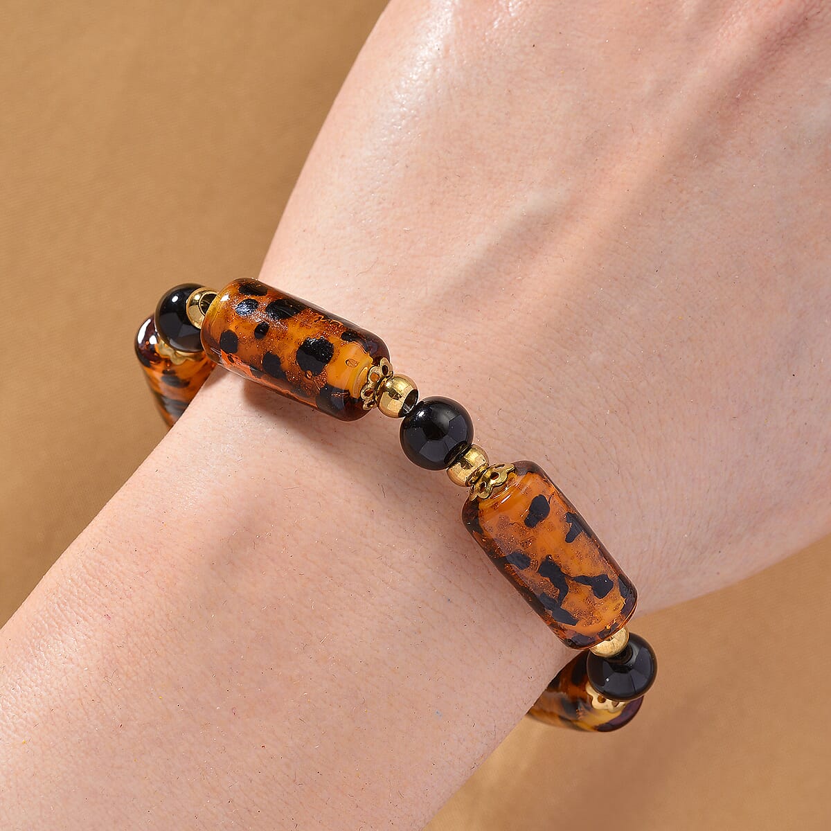 Brown Color Murano Style and Black Glass Bracelet in ION Plated YG Stainless Steel (7.5-9.5In) image number 1