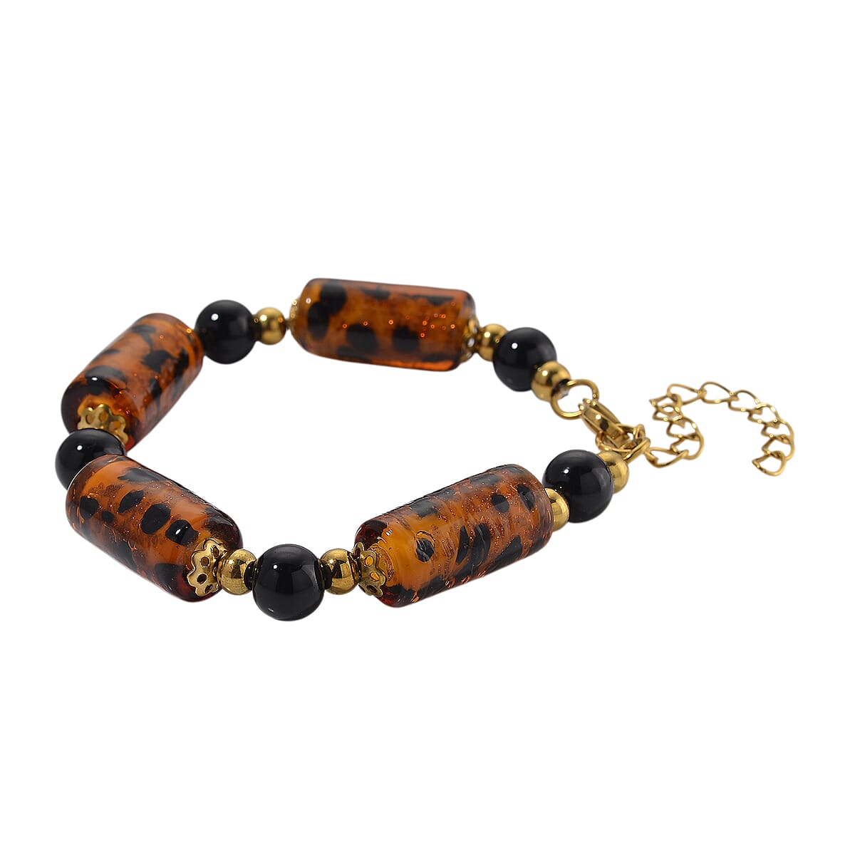 Brown Color Murano Style and Black Glass Bracelet in ION Plated YG Stainless Steel (7.5-9.5In) image number 2