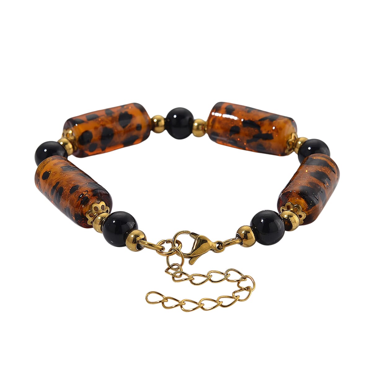 Brown Color Murano Style and Black Glass Bracelet in ION Plated YG Stainless Steel (7.5-9.5In) image number 3