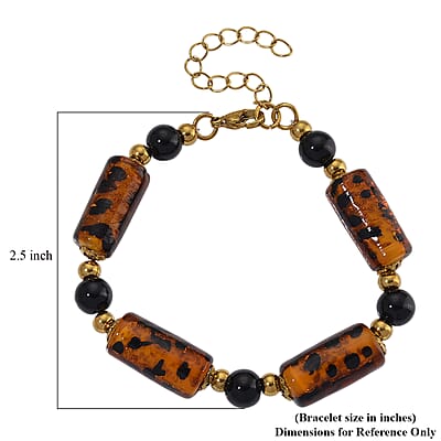 Brown Color Murano Style and Black Glass Bracelet in ION Plated YG Stainless Steel (7.5-9.5In)