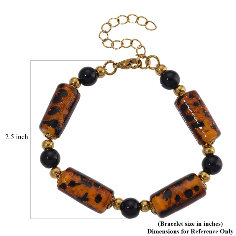 Brown Color Murano Style and Black Glass Bracelet in ION Plated YG Stainless Steel (7.5-9.5In)