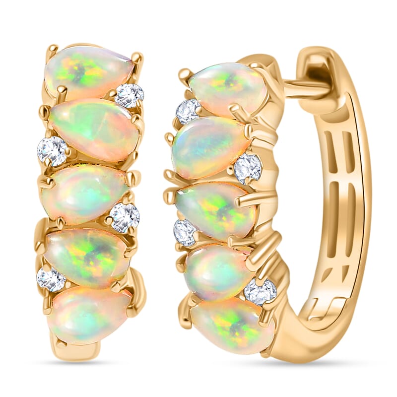 D'Joy Premium Ethiopian Welo Opal and White Zircon 1.85 ctw Hoop Earrings in Sterling Silver