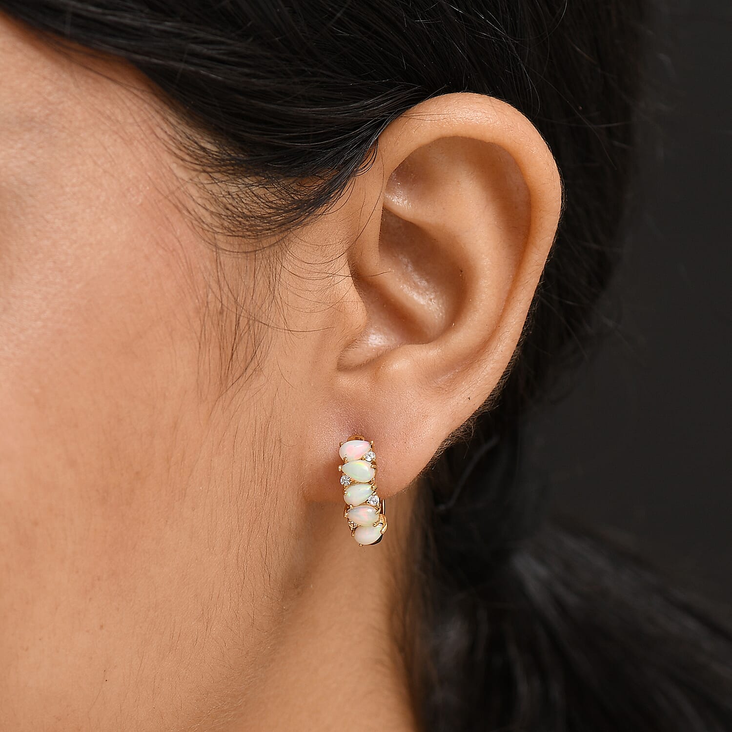 D'Joy Premium Ethiopian Welo Opal and White Zircon 1.85 ctw Hoop Earrings in Sterling Silver