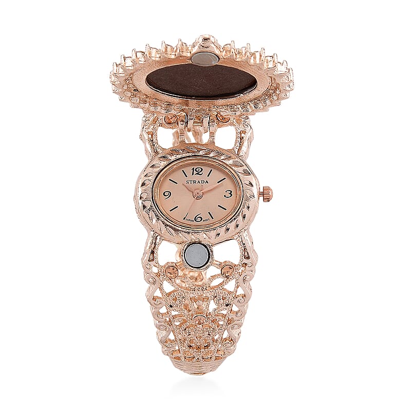 Strada Coffee Cameo and Multi Color Crystal Japanese Movement Bangle Watch in Rosetone 8.00 ctw