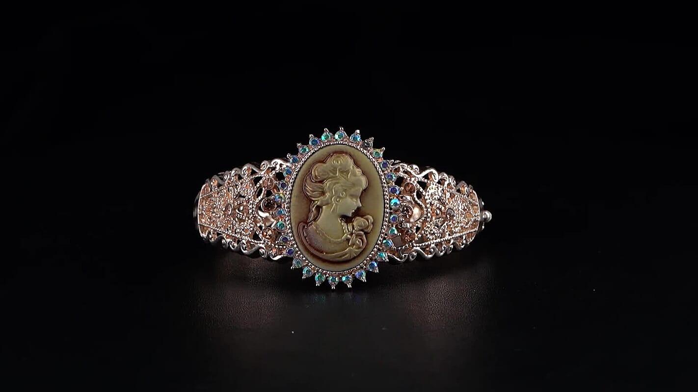 Strada Coffee Cameo and Multi Color Crystal Japanese Movement Bangle Watch in Goldtone 8.00 ctw