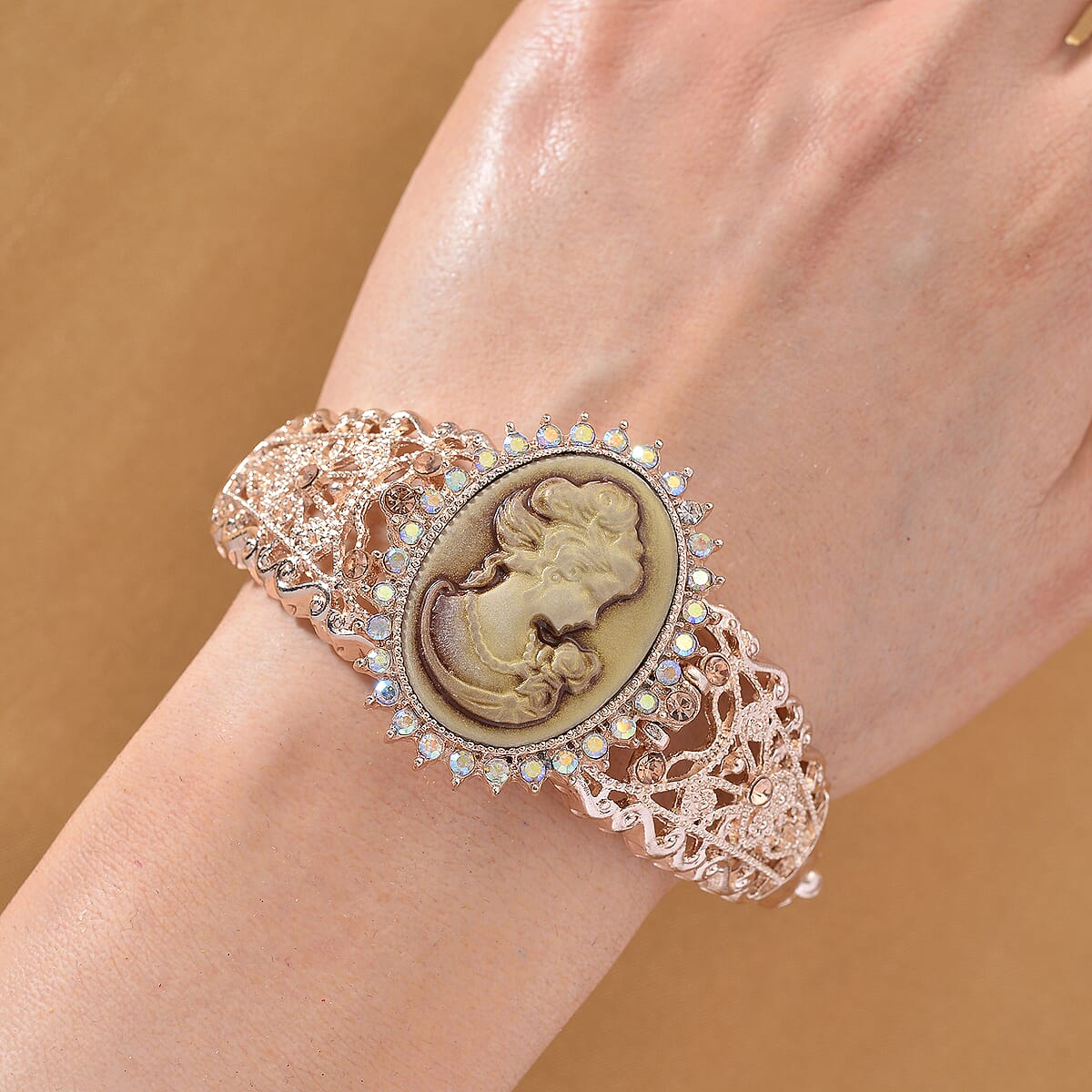 Strada Coffee Cameo and Multi Color Crystal Japanese Movement Bangle Watch in Goldtone 8.00 ctw image number 1