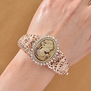 Strada Coffee Cameo and Multi Color Crystal Japanese Movement Bangle Watch in Rosetone 8.00 ctw