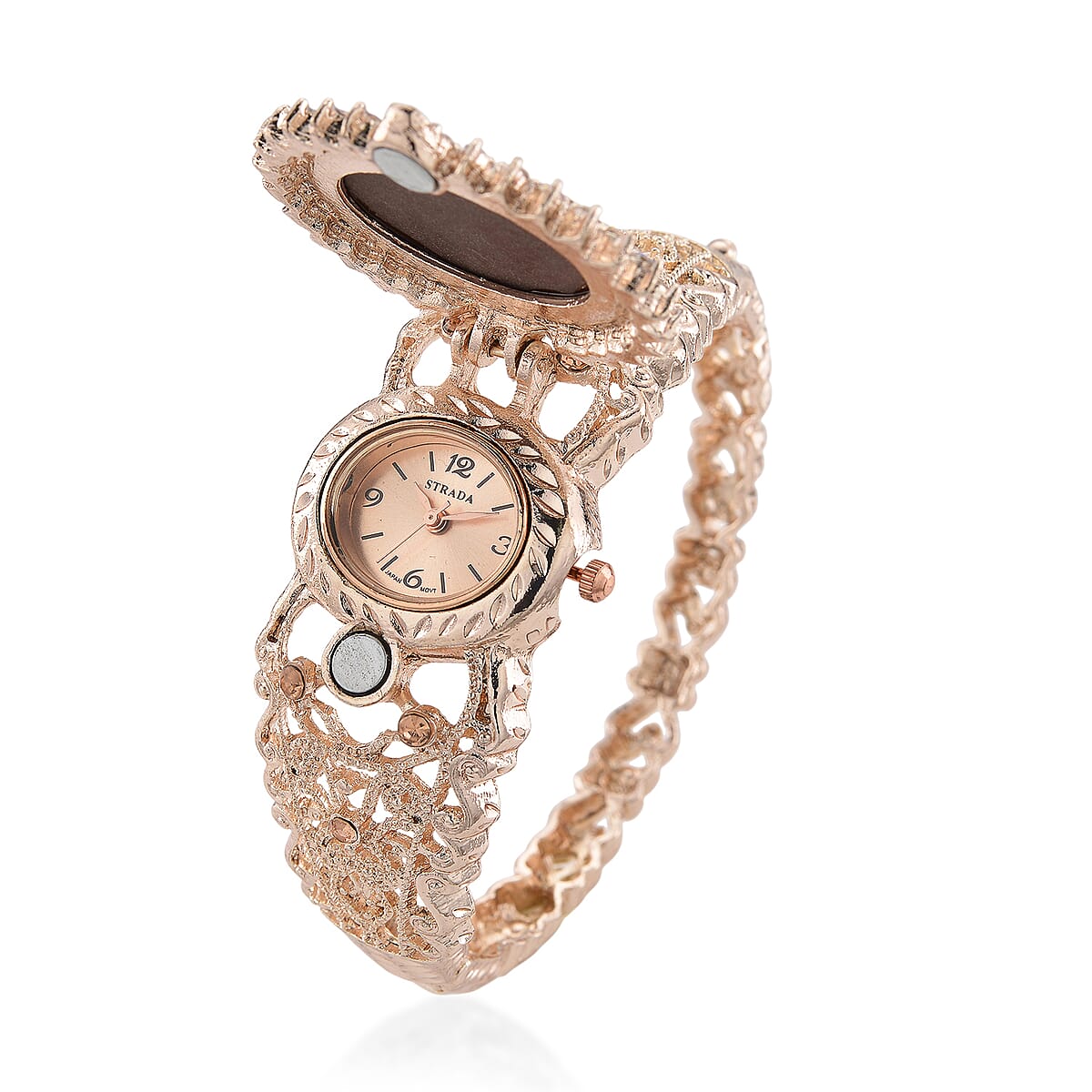 Strada Coffee Cameo and Multi Color Crystal Japanese Movement Bangle Watch in Goldtone 8.00 ctw image number 3