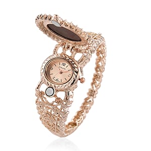 Strada Coffee Cameo and Multi Color Crystal Japanese Movement Bangle Watch in Rosetone 8.00 ctw