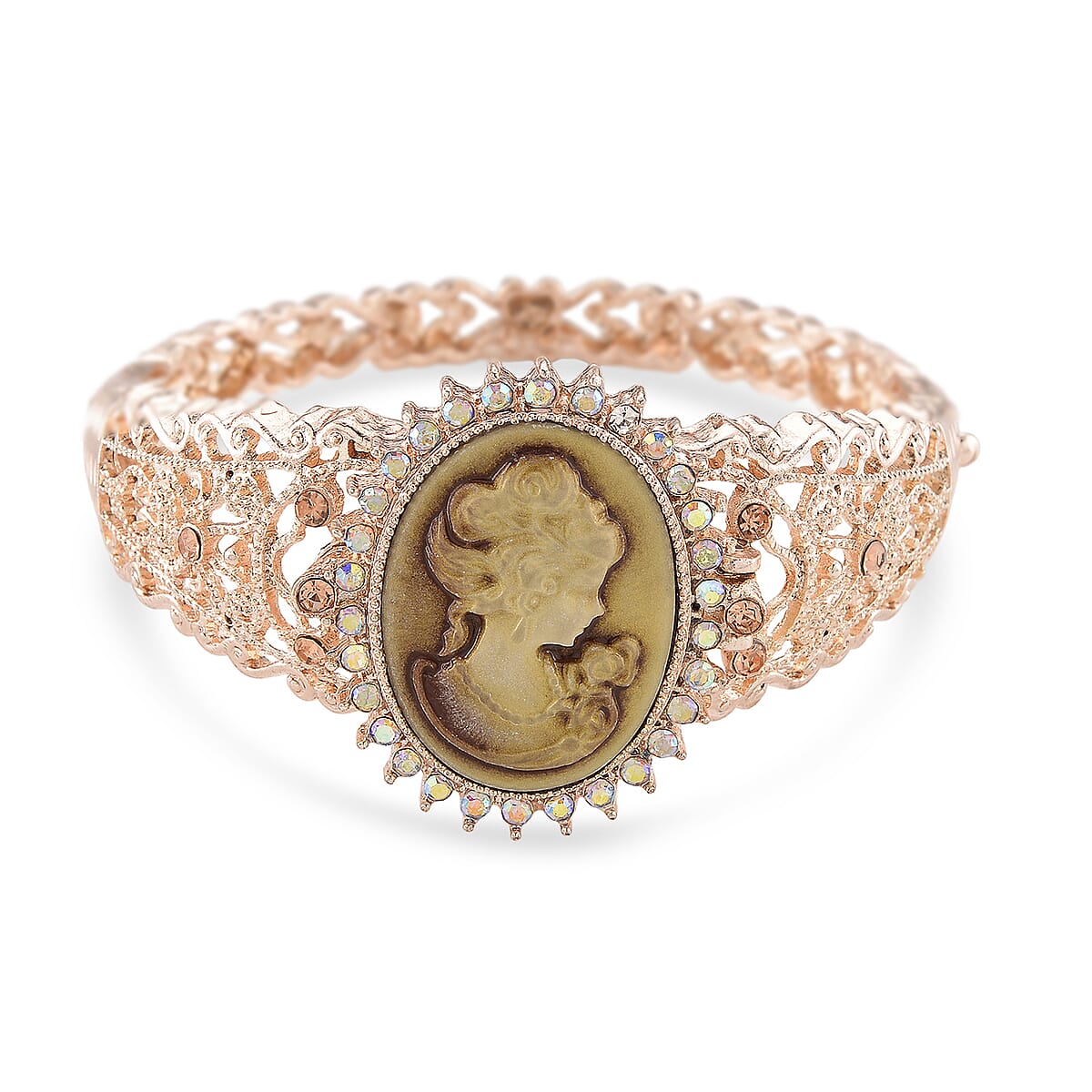 Strada Coffee Cameo and Multi Color Crystal Japanese Movement Bangle Watch in Goldtone 8.00 ctw image number 4