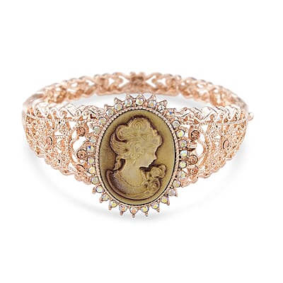 Strada Coffee Cameo and Multi Color Crystal Japanese Movement Bangle Watch in Rosetone 8.00 ctw