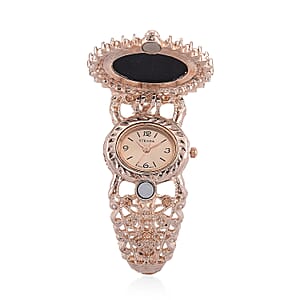 Strada Black with White Cameo and Multi Color Crystal Japanese Movement Bangle Watch in Rosetone 8.00 ctw
