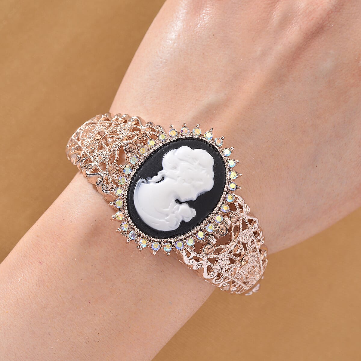 Strada Black with White Cameo and Multi Color Crystal Japanese Movement Bangle Watch in Rosetone 8.00 ctw image number 1