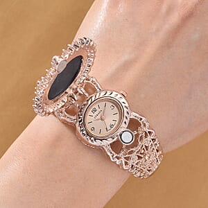 Strada Black with White Cameo and Multi Color Crystal Japanese Movement Bangle Watch in Rosetone 8.00 ctw