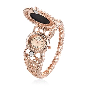 Strada Black with White Cameo and Multi Color Crystal Japanese Movement Bangle Watch in Rosetone 8.00 ctw