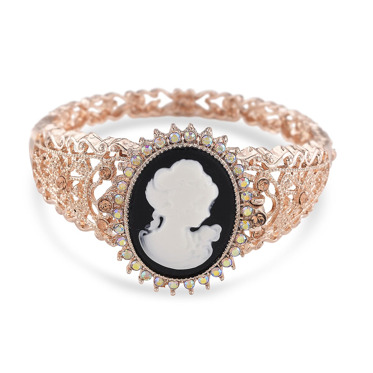 Strada Black with White Cameo and Multi Color Crystal Japanese Movement Bangle Watch in Rosetone 8.00 ctw image number 4