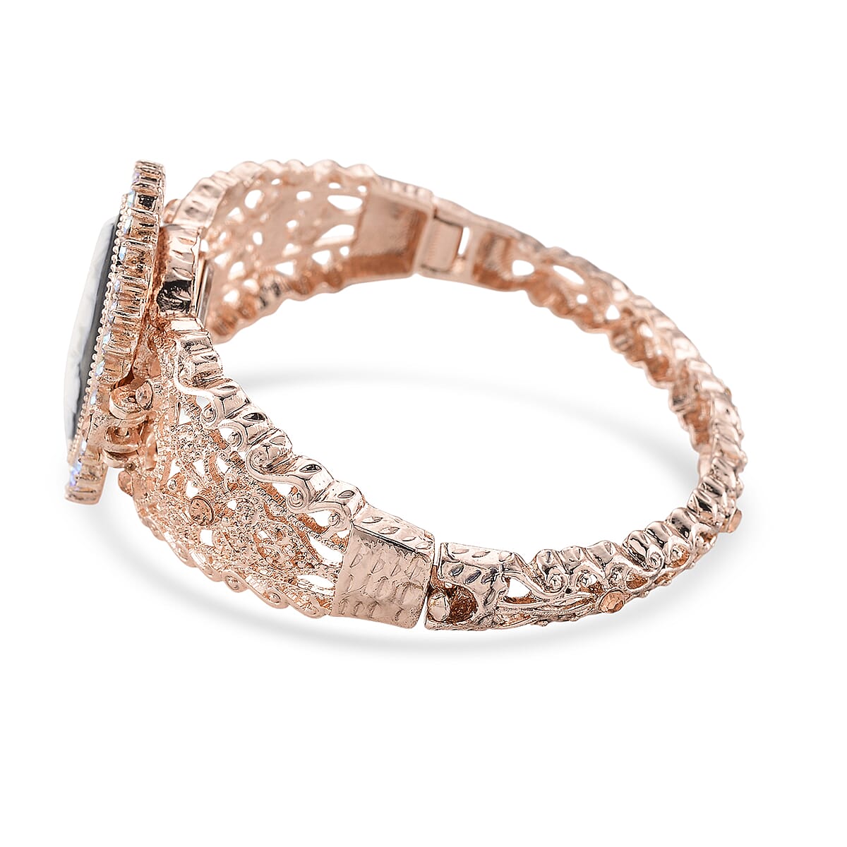 Strada Black with White Cameo and Multi Color Crystal Japanese Movement Bangle Watch in Rosetone 8.00 ctw image number 5