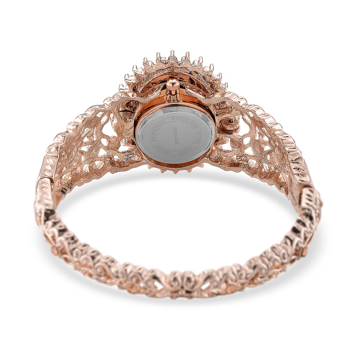 Strada Black with White Cameo and Multi Color Crystal Japanese Movement Bangle Watch in Rosetone 8.00 ctw image number 6
