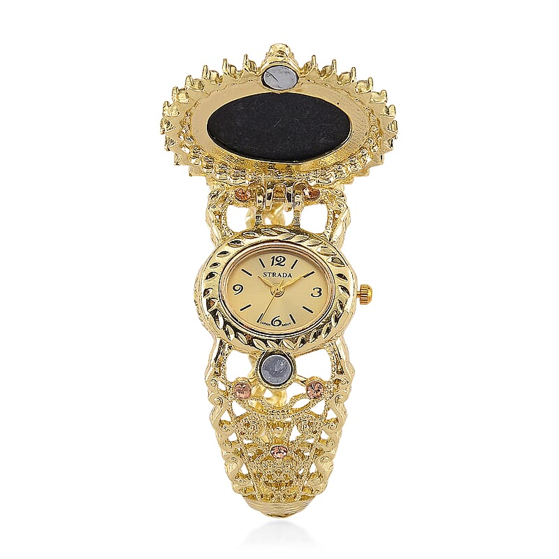 Strada Blue Color Cameo and Multi Color Crystal Japanese Movement Bangle Watch in Goldtone 8.00 ctw