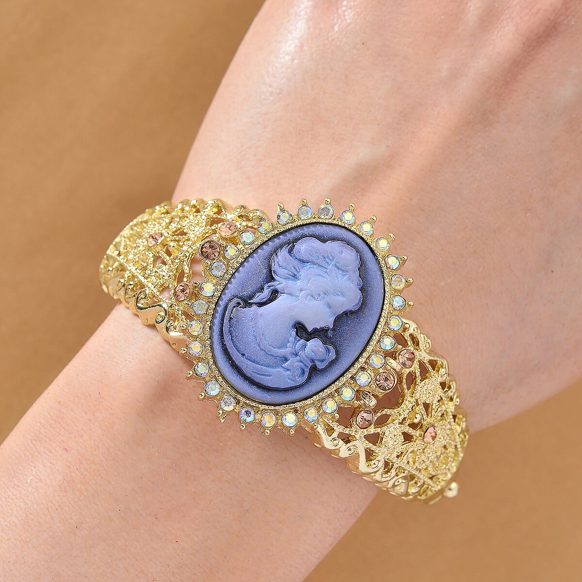 Strada Blue Color Cameo and Multi Color Crystal Japanese Movement Bangle Watch in Goldtone 8.00 ctw image number 1
